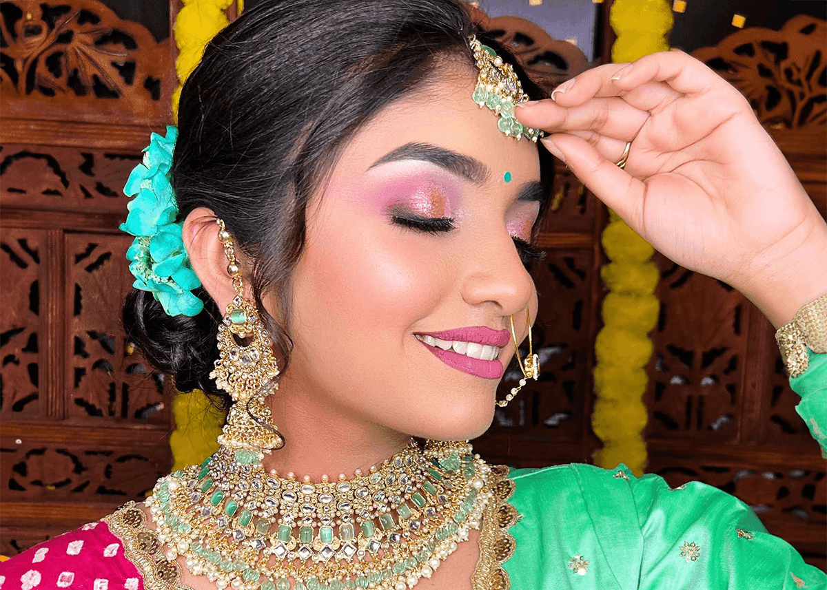 Indian bridle shimmering pink orange purple makeup